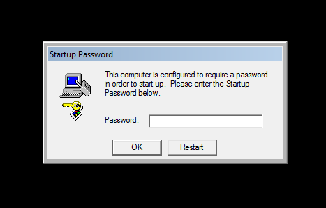 Startup Password This computer is configured to require a password in order to start up. Please enter the Startip Password below. Password: OK button Restart button